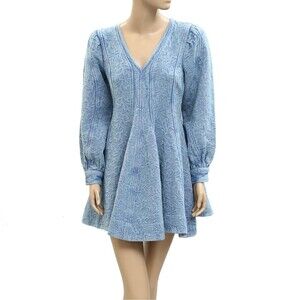 Pilcro Anthropologie Textured Blue Mini Dress V-Neck Swing Cotton XS-2 281121